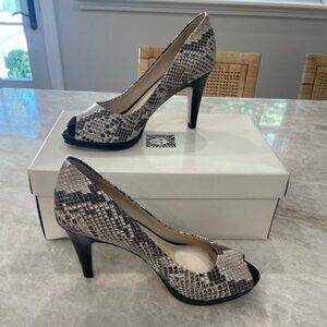 Anne Klein Snakeskin Print Leather Peep Toe Heels, Size 6.5